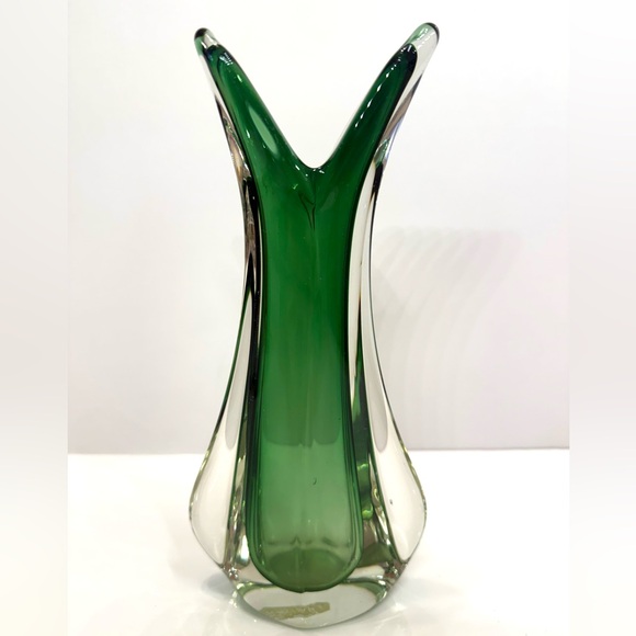 Vintage Murano Sommerso Art Glass Vase – Emerald Green & Clear – 10” - Picture 1 of 5